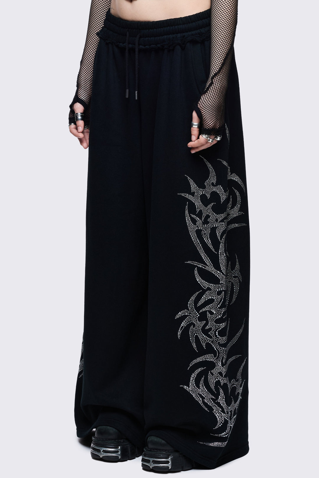 Black Wide Leg Sweatpants With Sigil Rhinestones | Minga London