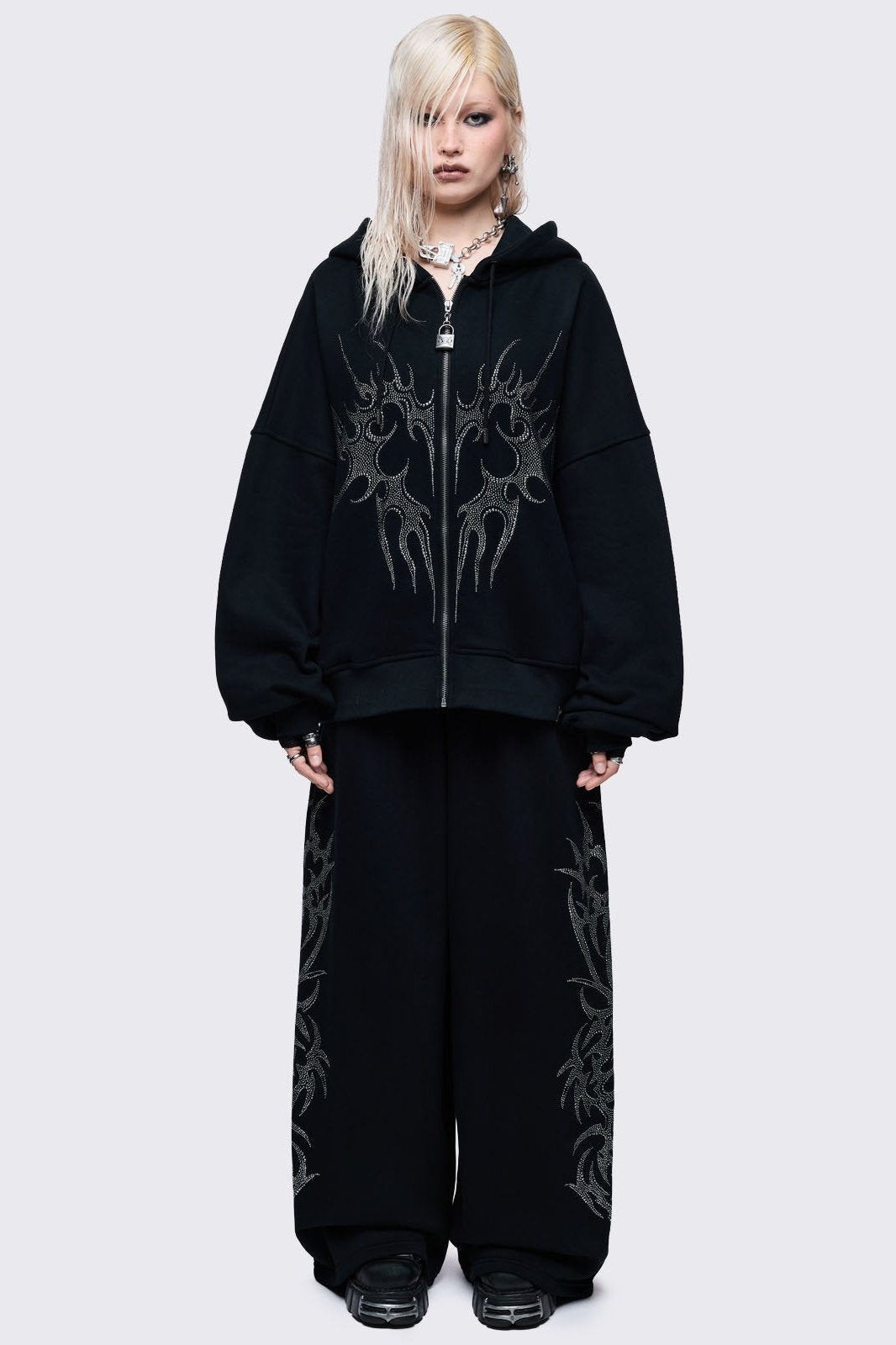 Baggy Wide-Leg Sweatpants With Cyber Sigil Rhinestone Graphic