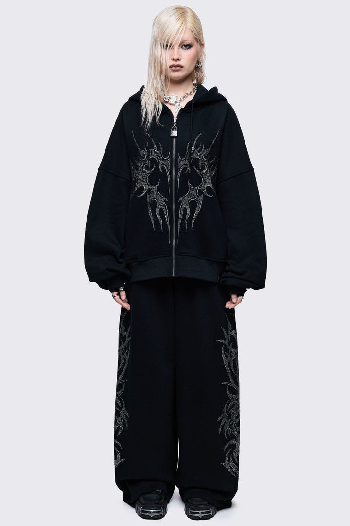 Black Wide Leg Sweatpants With Sigil Rhinestones | Minga London