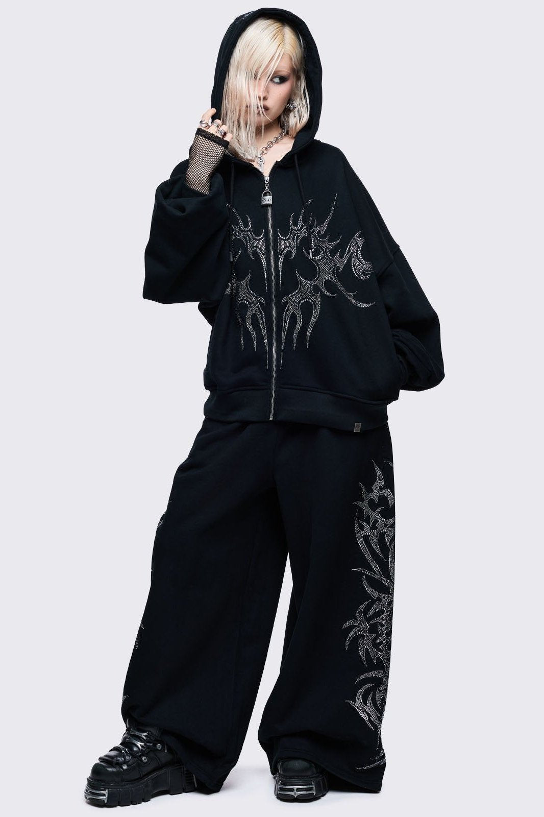 Black Wide Leg Sweatpants With Sigil Rhinestones | Minga London