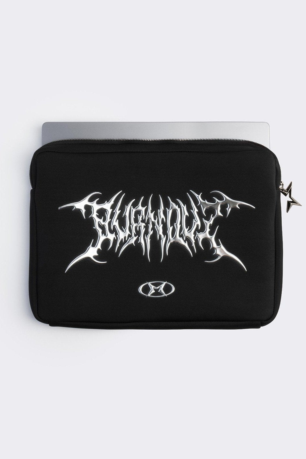 Black laptop sleeve bag with "burnout" sigilism design.