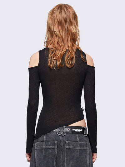 Black asymmetric top with cut-out details. Cold-shoulder style and thumbhole cuffs. 