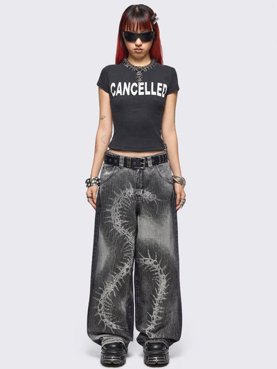 Grey washed baggy jeans with centipede graphic front print. 