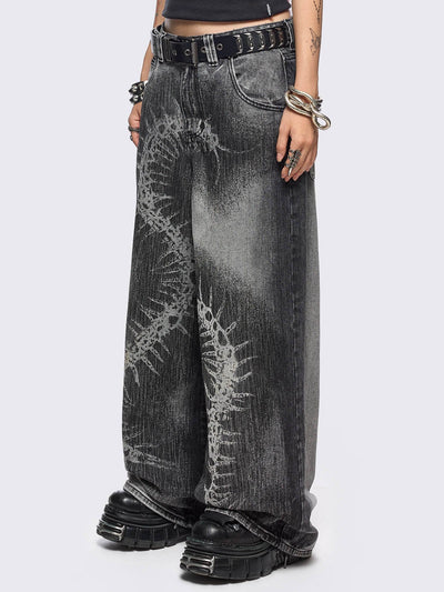 Grey washed baggy jeans with centipede graphic front print. 