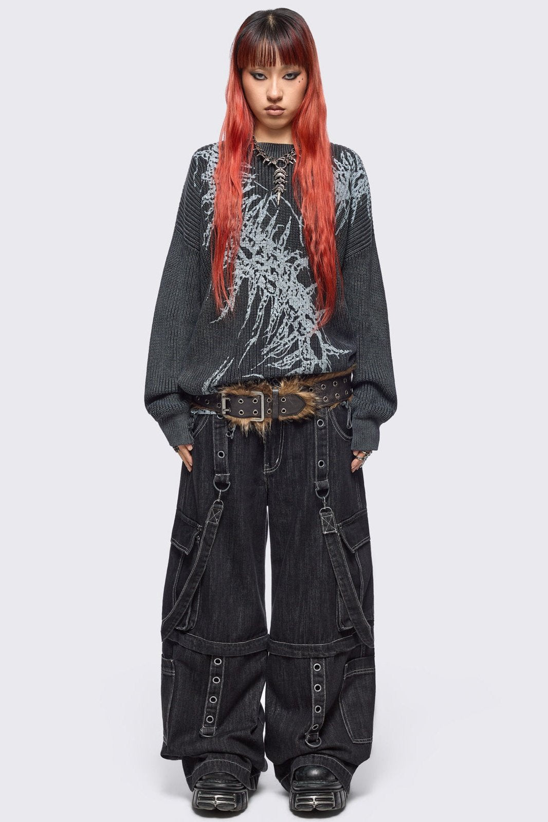 Black Washed Knitted Sweater with Centipede Graphic Print | Minga