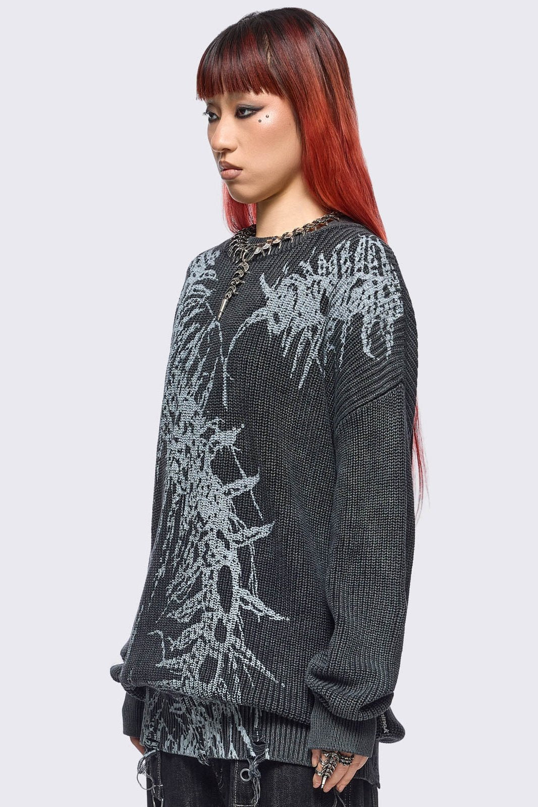 Black Washed Knitted Sweater with Centipede Graphic Print | Minga