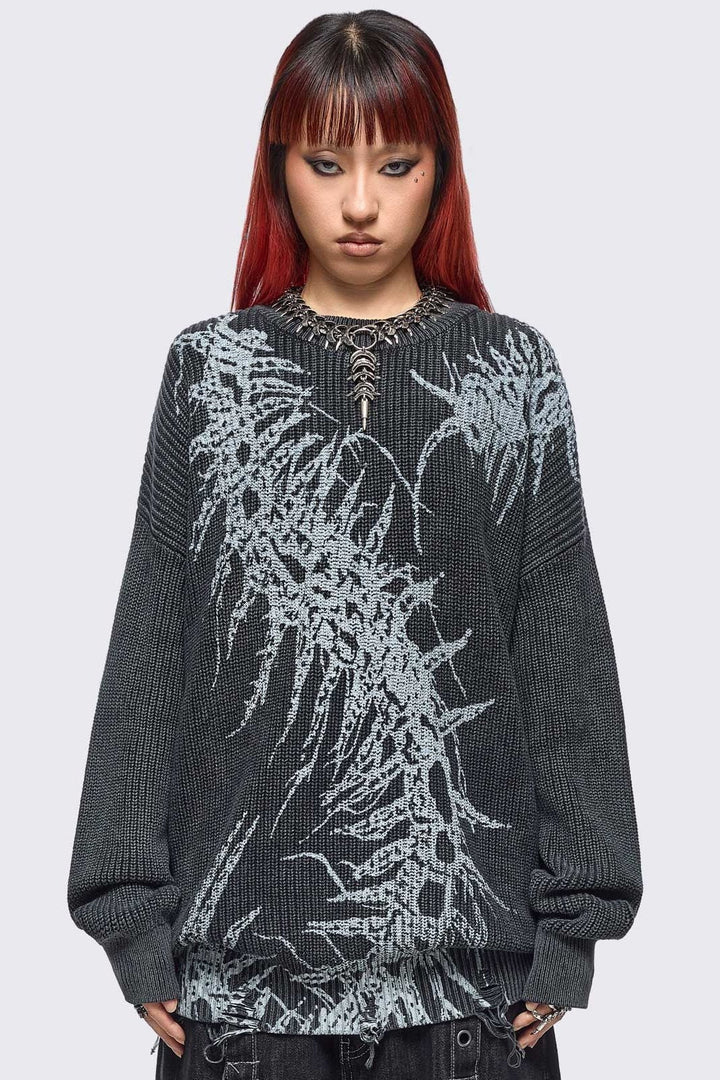 Black Washed Knitted Sweater with Centipede Graphic Print | Minga