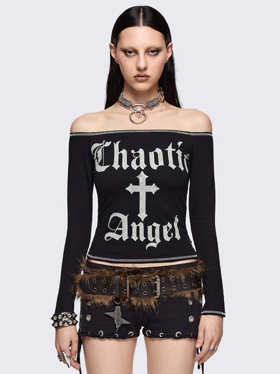 Black off-shoulder top with "Chaotic Angel" cross front print and white contrast stitches.