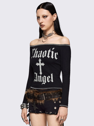 Black off-shoulder top with "Chaotic Angel" cross front print and white contrast stitches.
