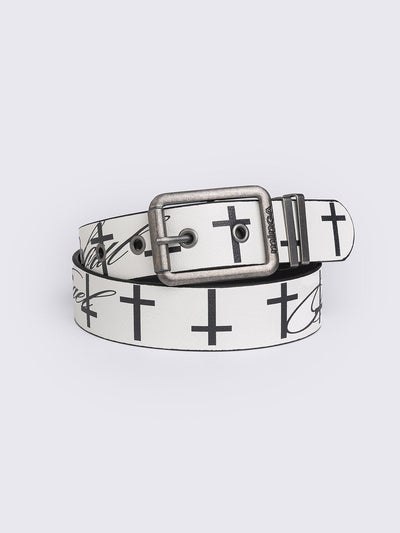 White vegan leather belt featuring "Chaotic angel" and crosses print.