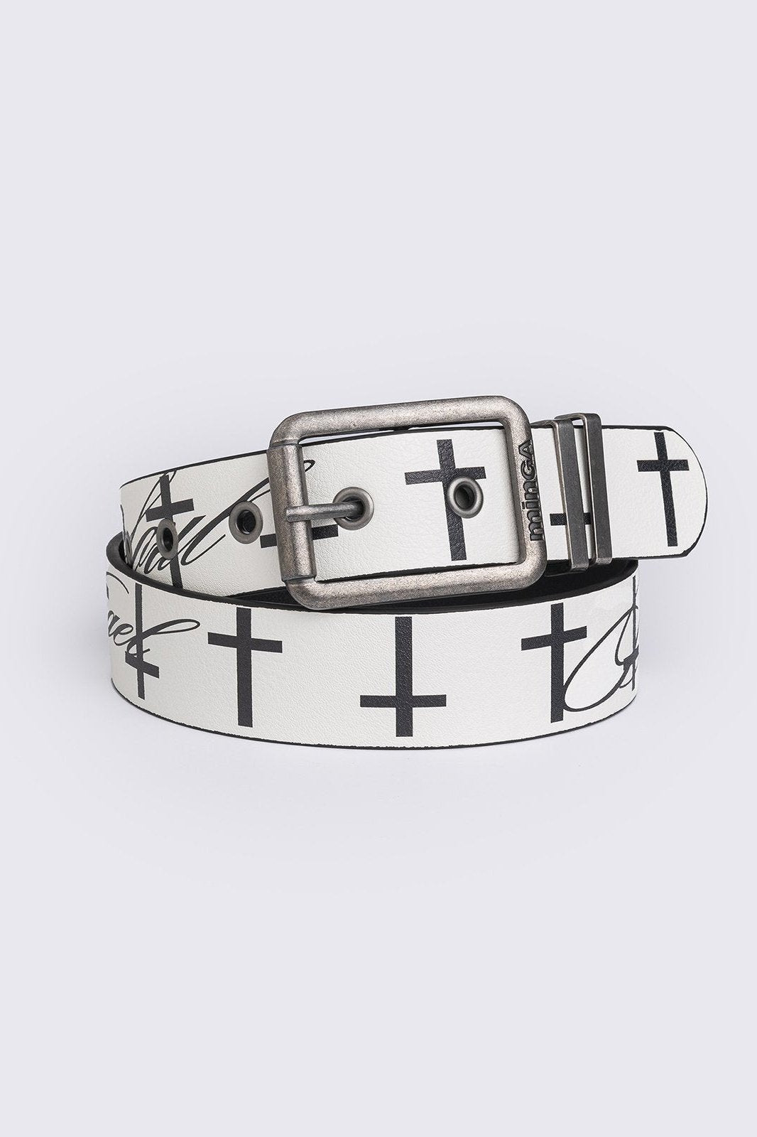 White vegan leather belt featuring "Chaotic angel" and crosses print.