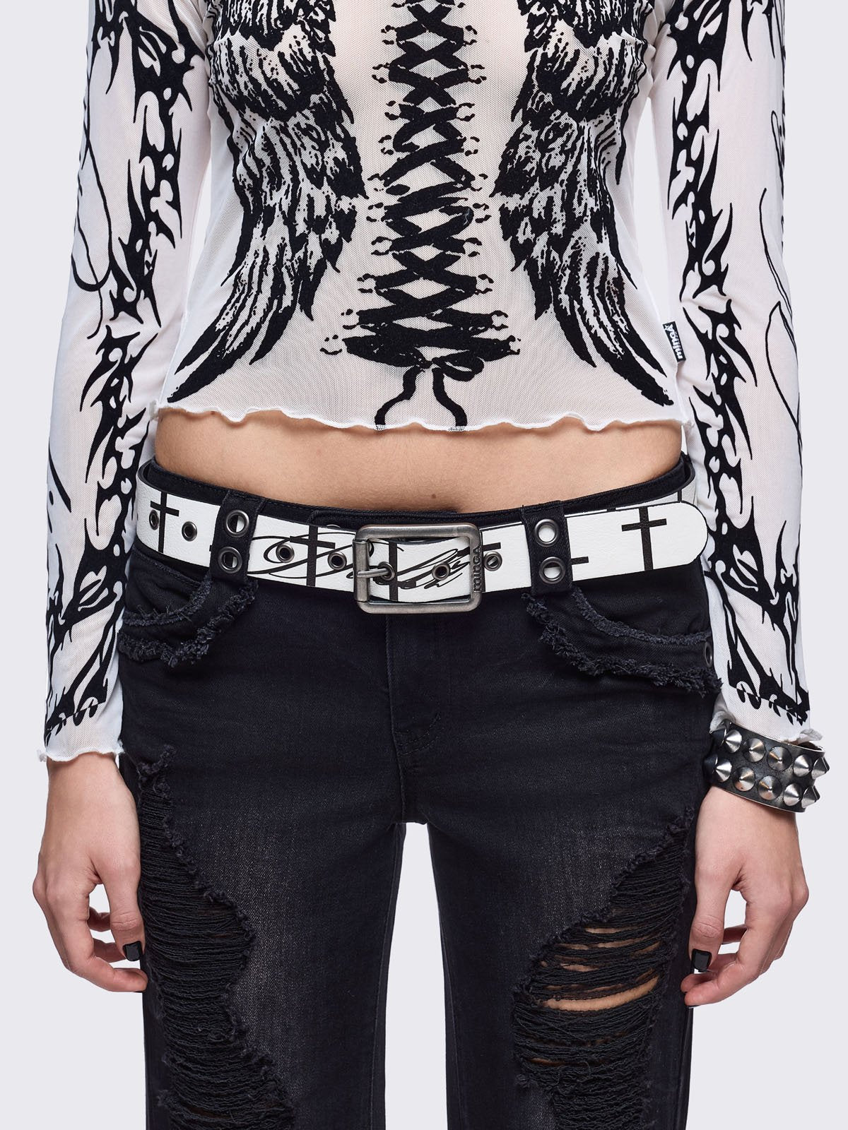 White vegan leather belt featuring "Chaotic angel" and crosses print.