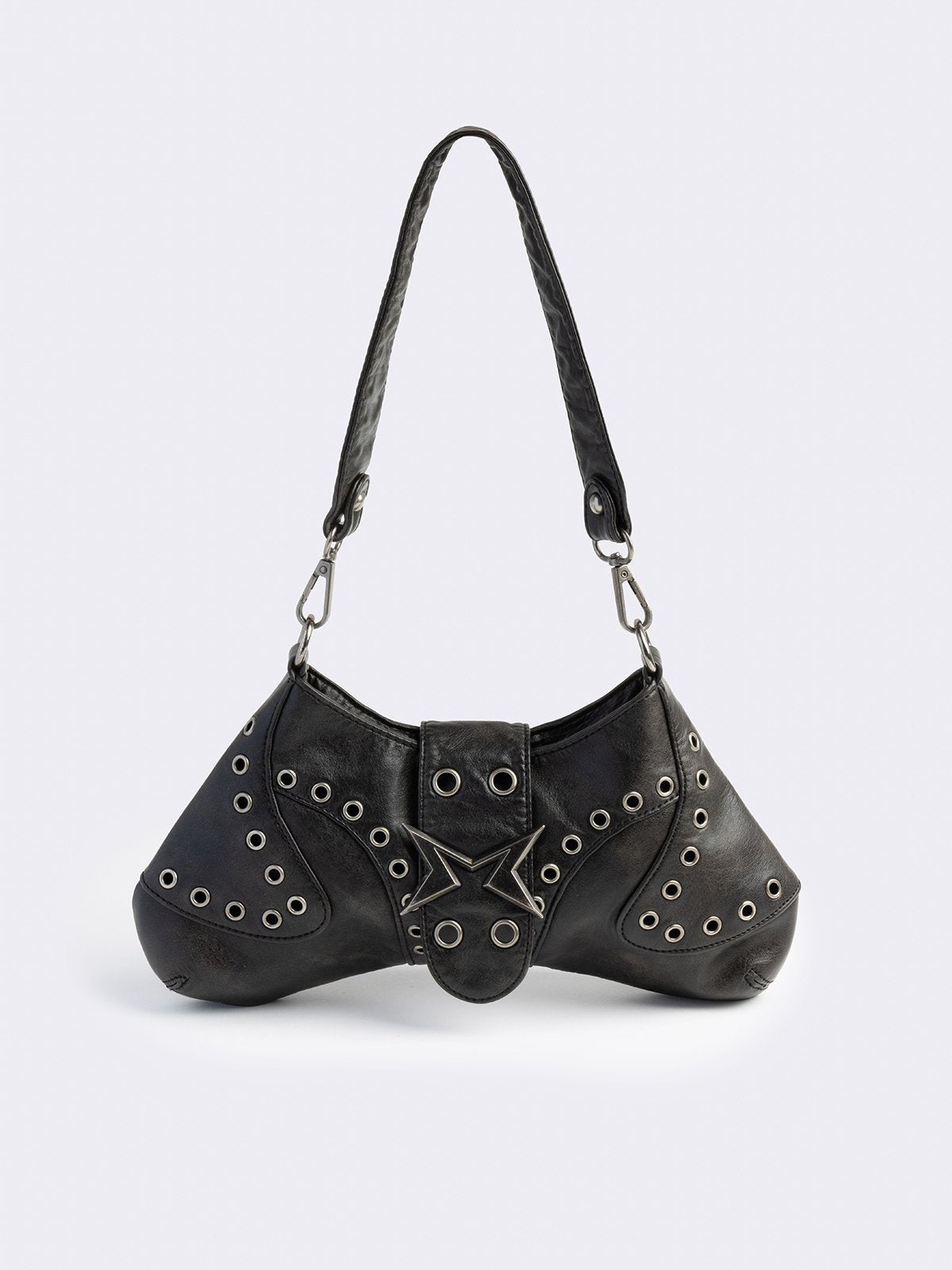 Black vegan leather baguette shoulder bag with silver eyelets.
