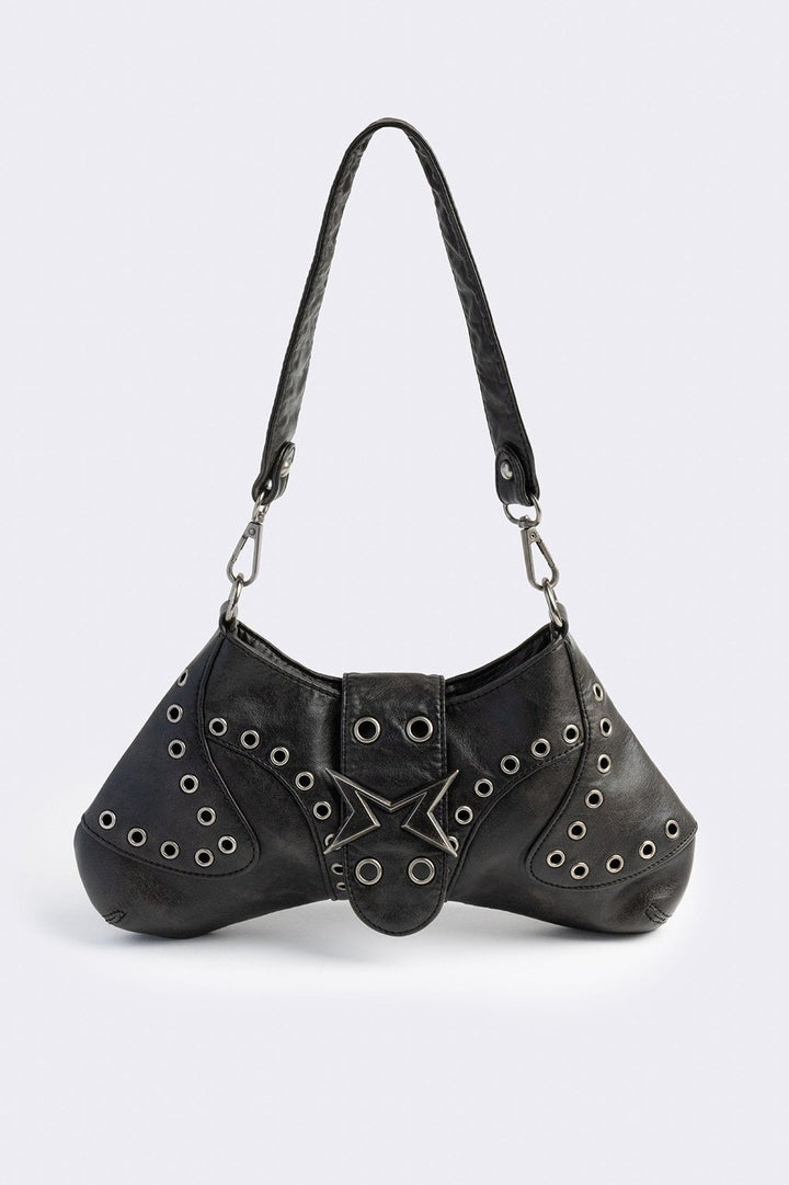 Vegan Leather Eyelet Baguette Shoulder Bag in Black | Minga London