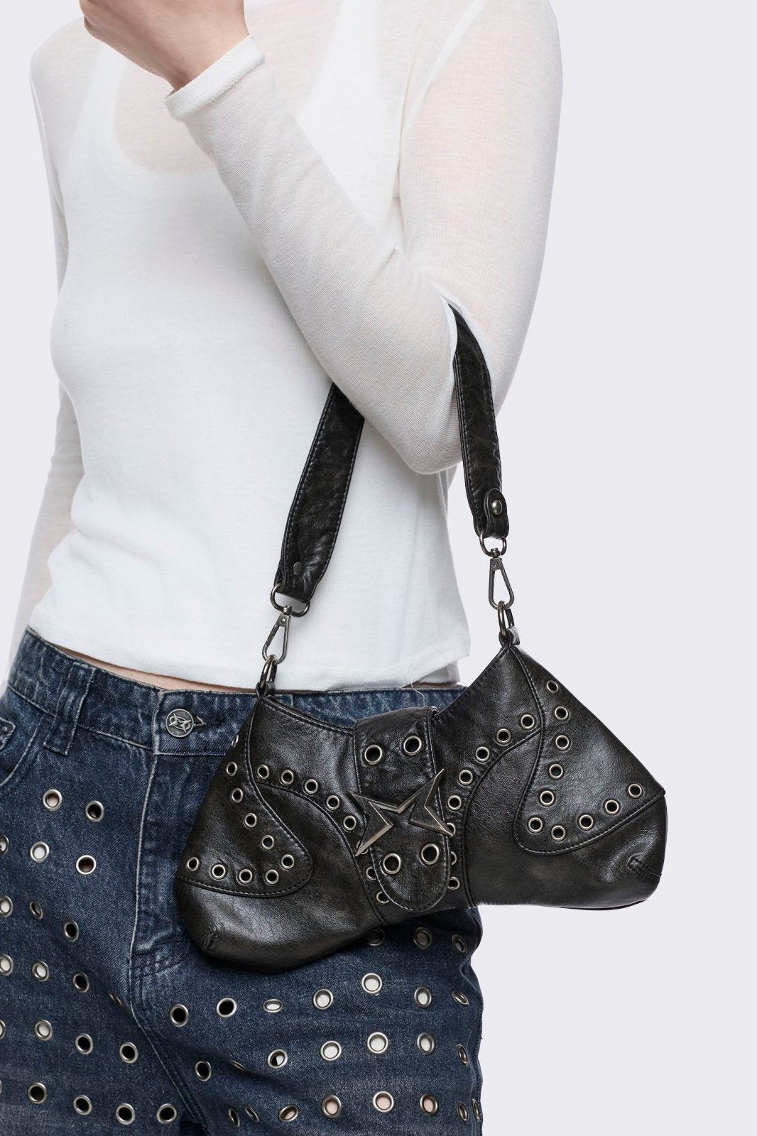 Vegan Leather Eyelet Baguette Shoulder Bag in Black | Minga London