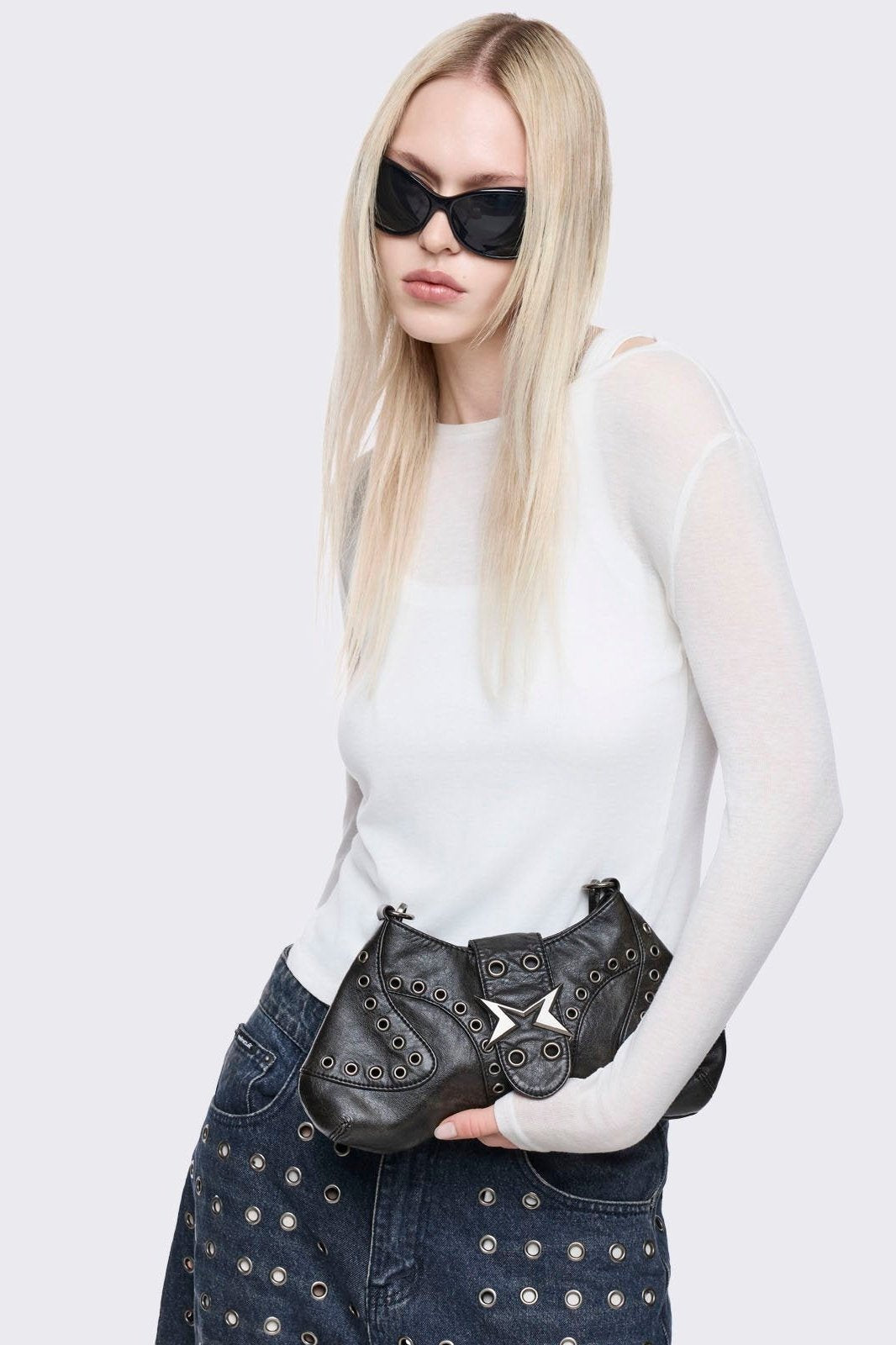 Vegan Leather Eyelet Baguette Shoulder Bag in Black | Minga London