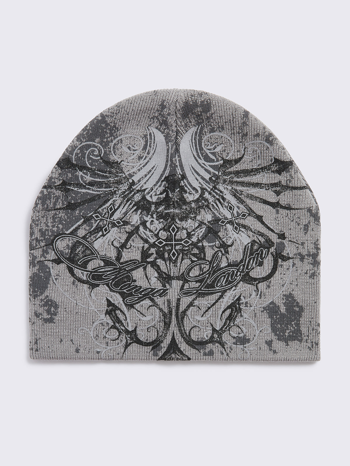 Grey beanie hat with grunge graphic print.