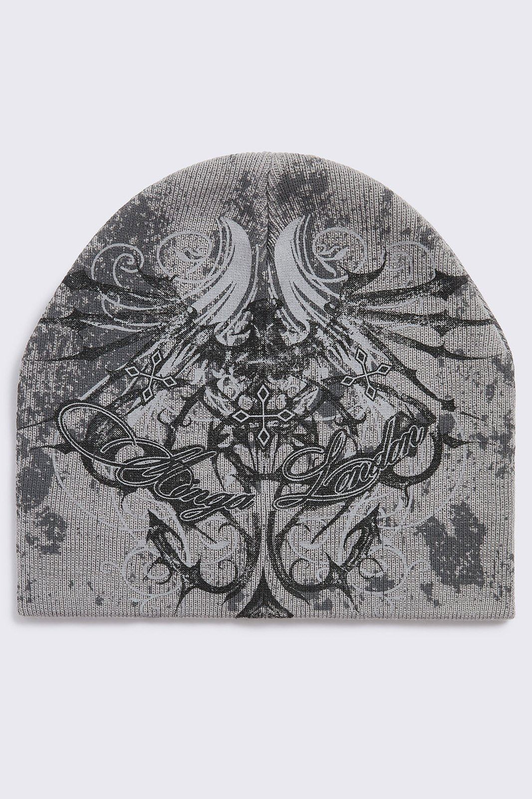 Grey beanie hat with grunge graphic print.