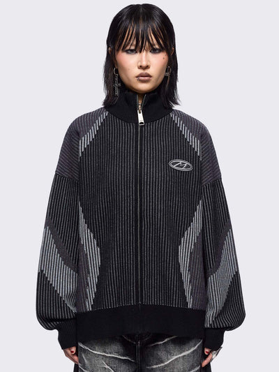 Black and grey color block knitted zip-up cardigan.