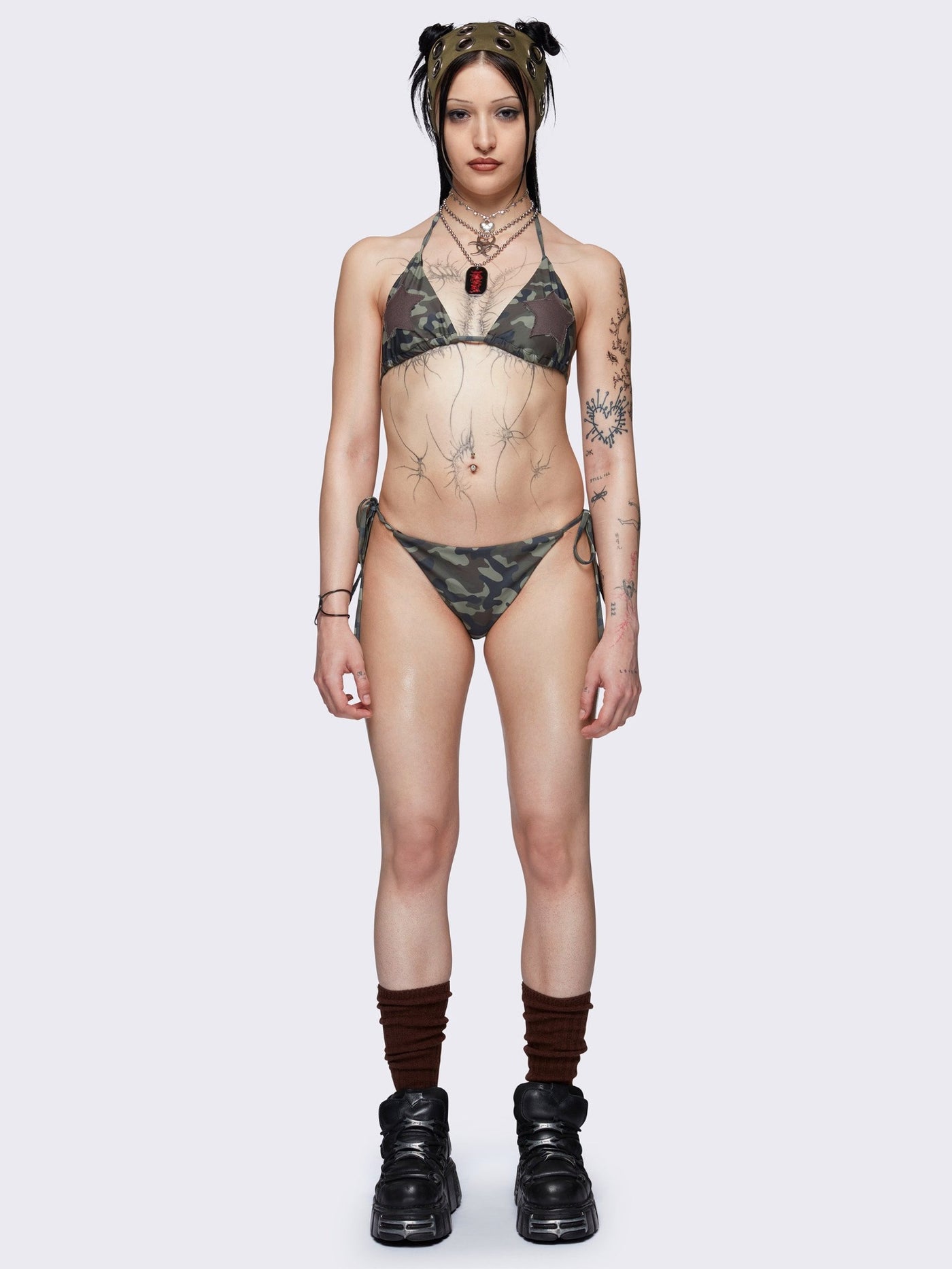 Halter neck triangle bikini top with all over camo print