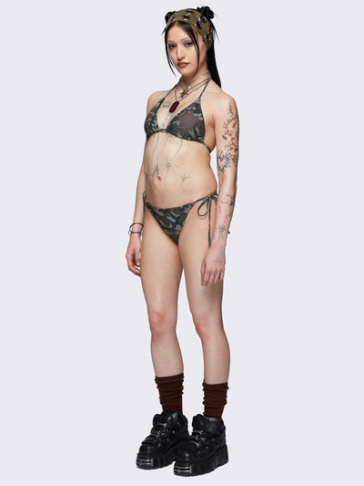 Halter neck triangle bikini top with all over camo print