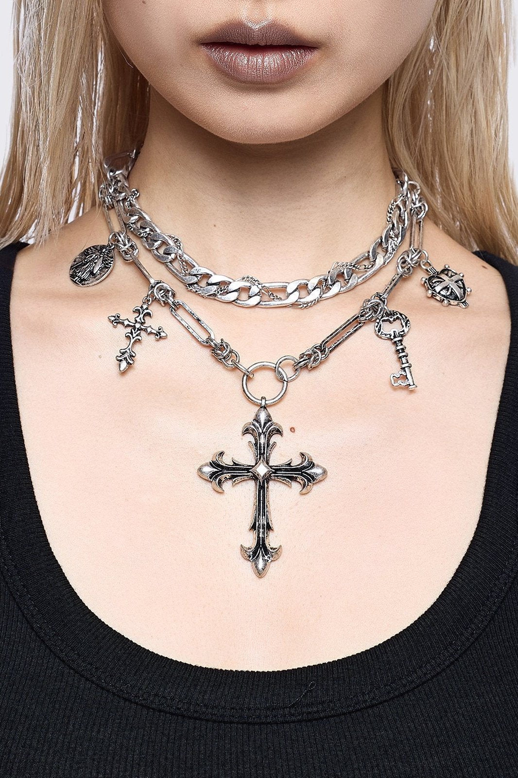 Silver Layered Necklace with Cross Pendants | Minga London