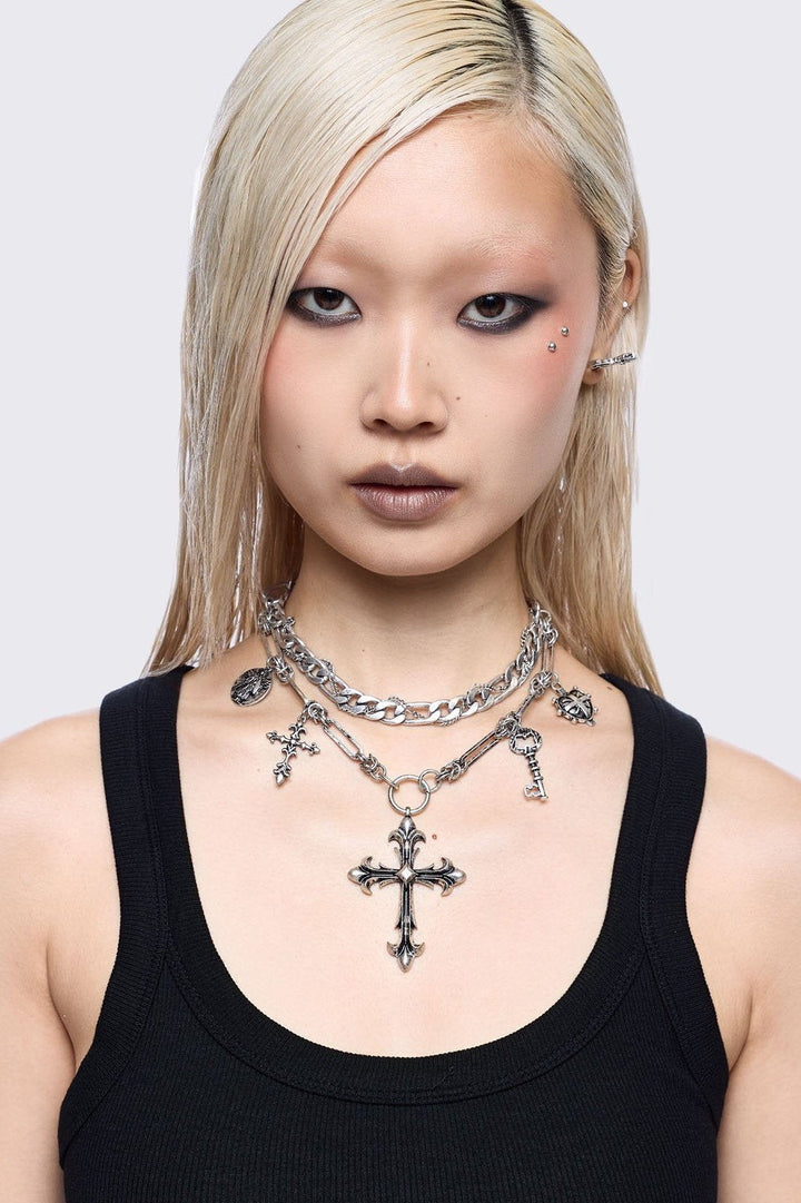 Silver Layered Necklace with Cross Pendants | Minga London
