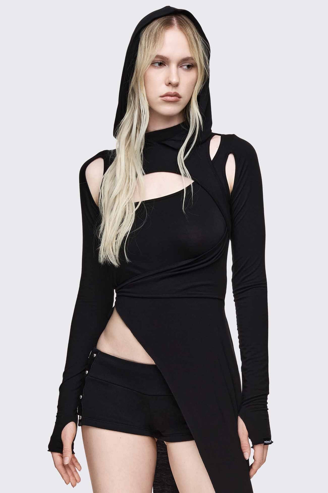 トップス BOHEMSEO CUT-OUT MIXED TOP Black Cut Out Hooded Long Sleeve Top | Minga London