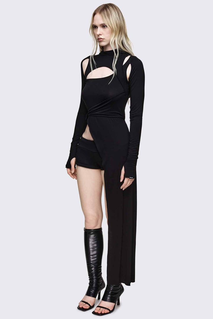Black Cut Out Hooded Long Sleeve Top | Minga London
