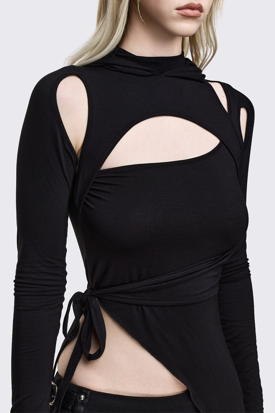 Black Cut Out Hooded Long Sleeve Top | Minga London