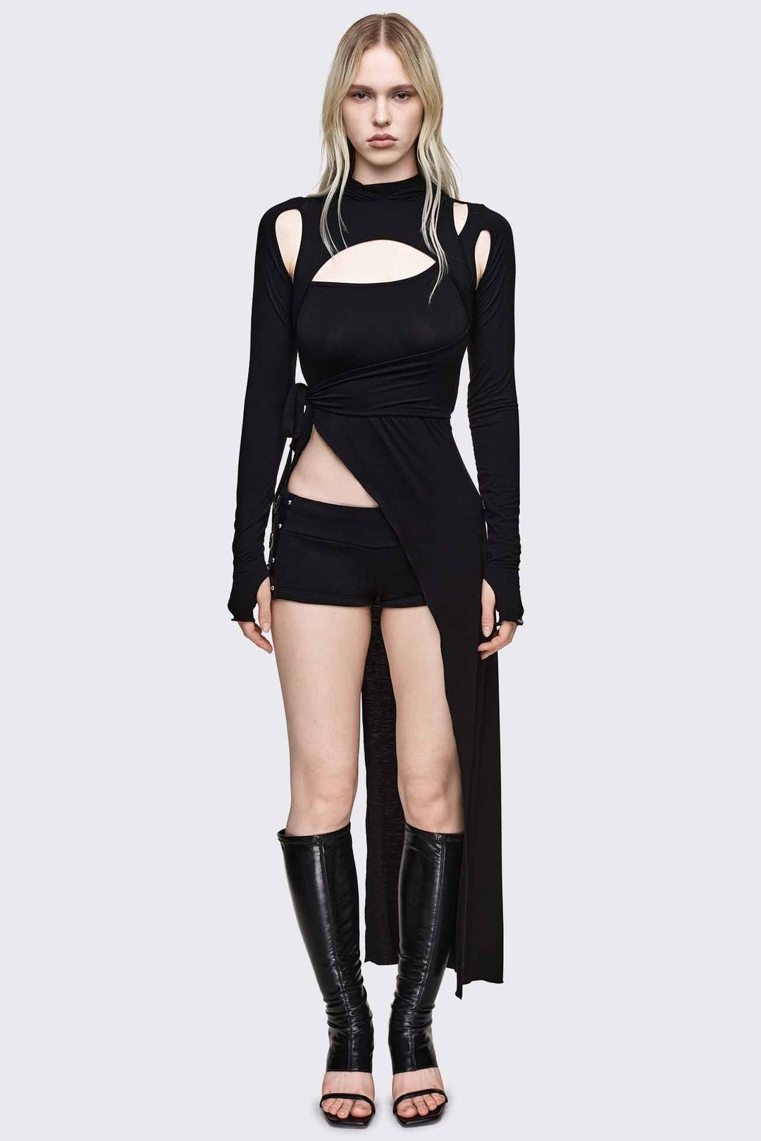 Black Cut Out Hooded Long Sleeve Top | Minga London