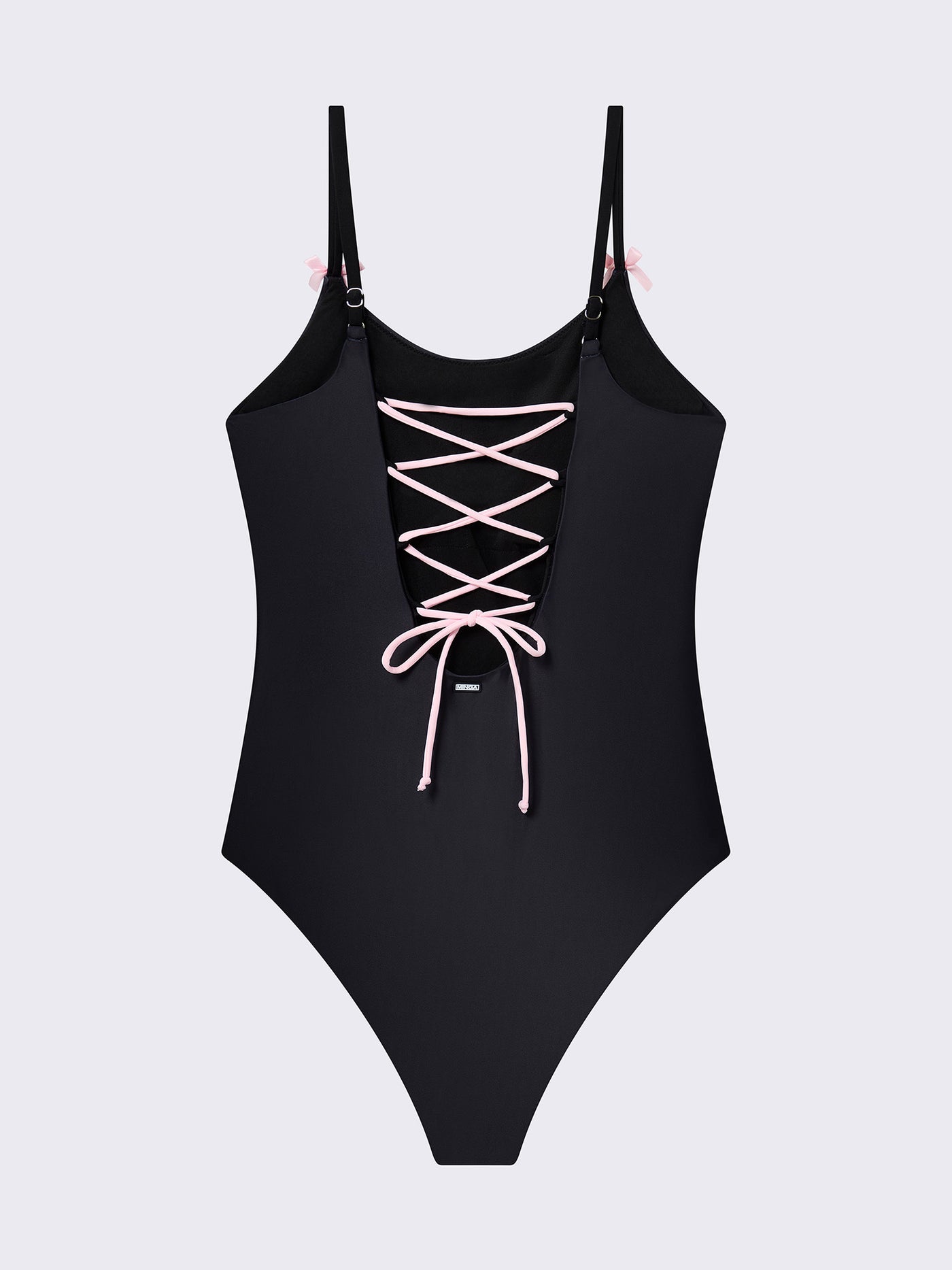 One-piece swimsuit in black with bunny graphic front print and pink laced up at back