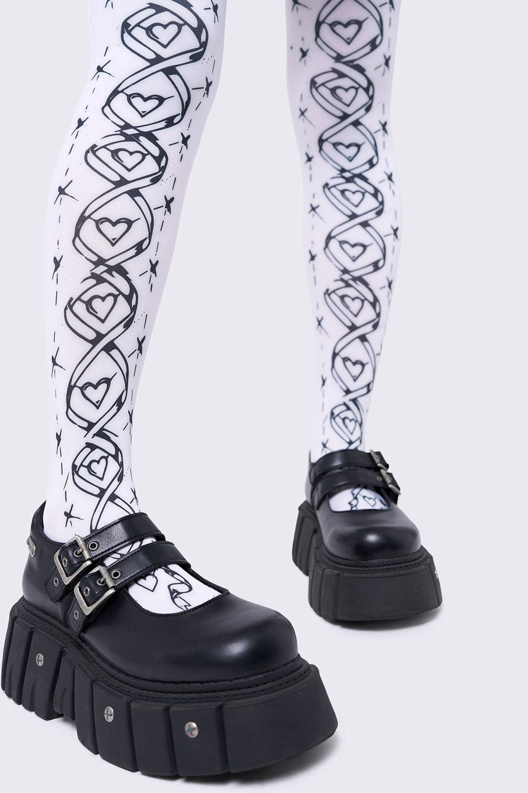 White Opaque Tights with Black Lace-Up Corset Print | Minga London