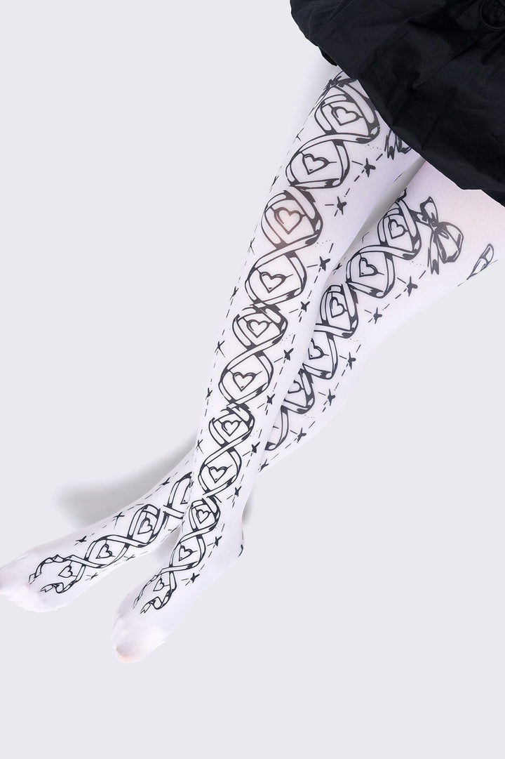 White Opaque Tights with Black Lace-Up Corset Print | Minga London