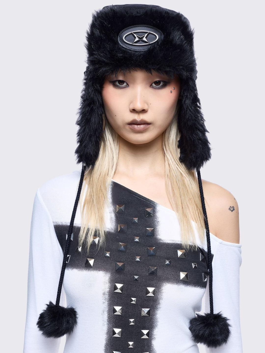 Black Faux Fur Fluffy Trapper Hat with Studded Cross | Minga