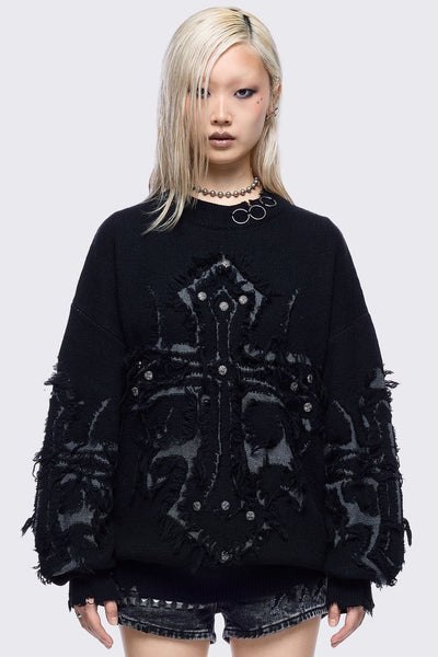 Black Distressed Sweater with Frayed Cross | Minga London – Minga