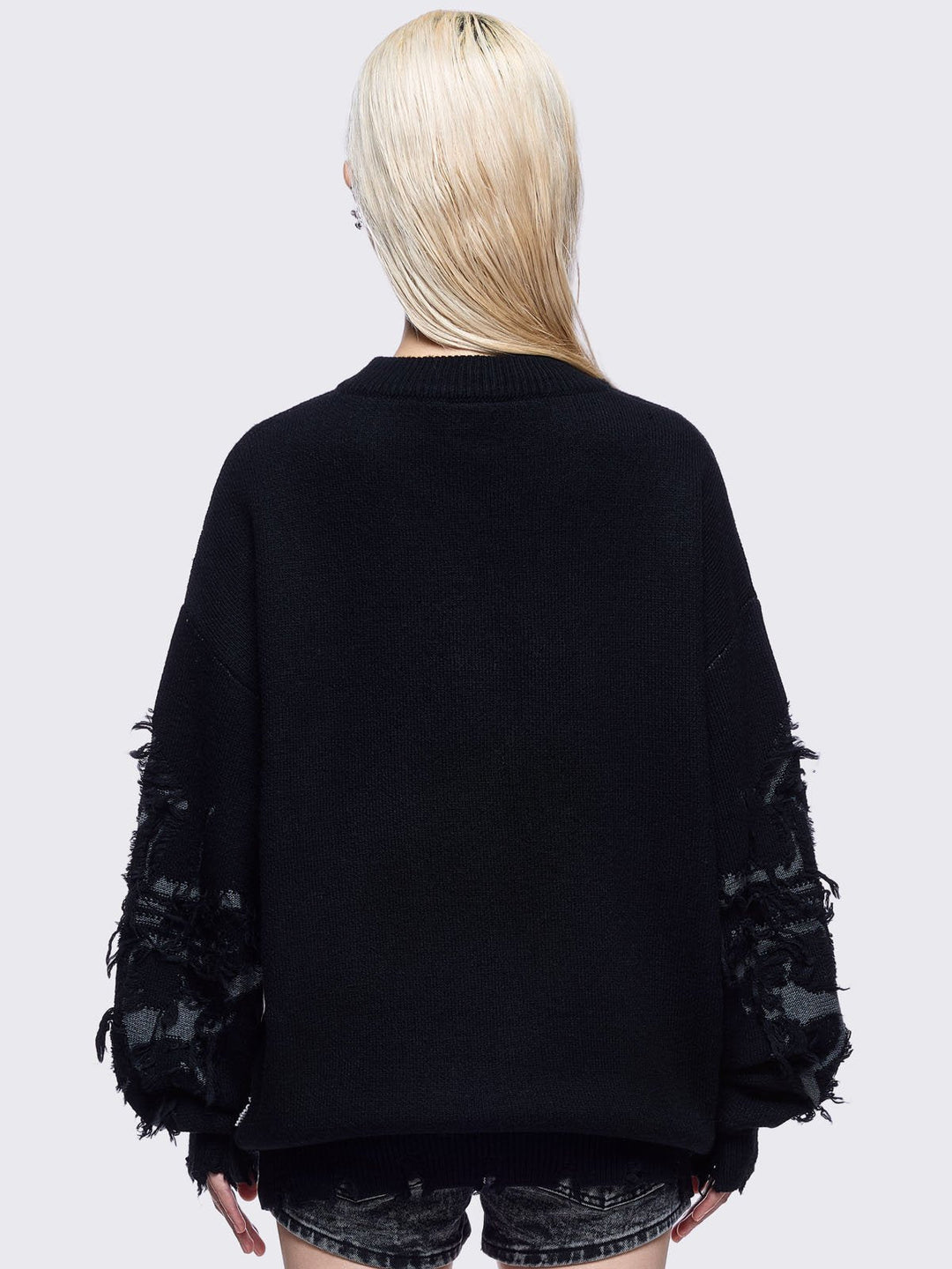 Black Distressed Sweater with Frayed Cross | Minga London – Minga