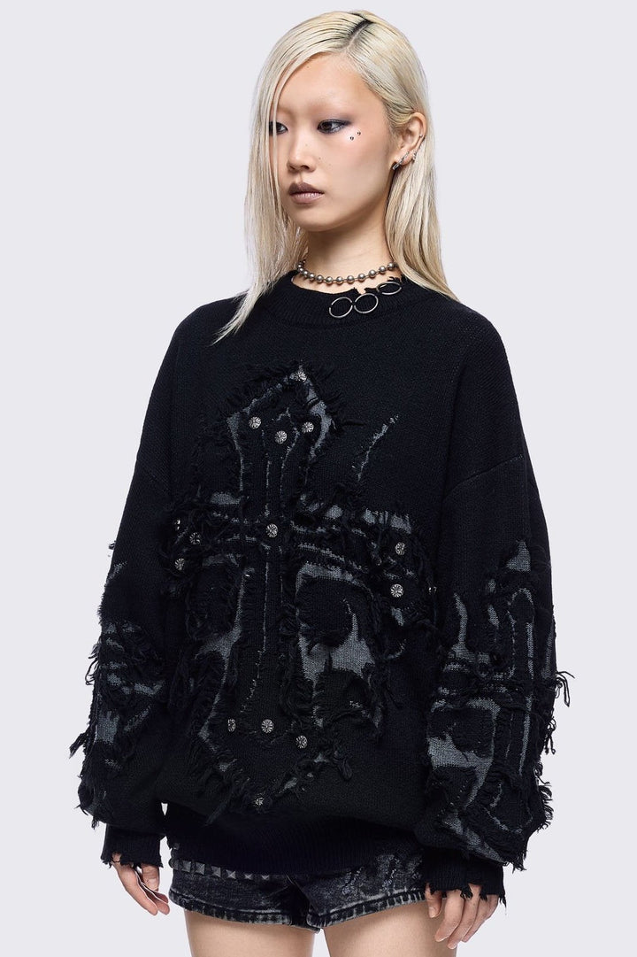 Black Distressed Sweater with Frayed Cross | Minga London – Minga