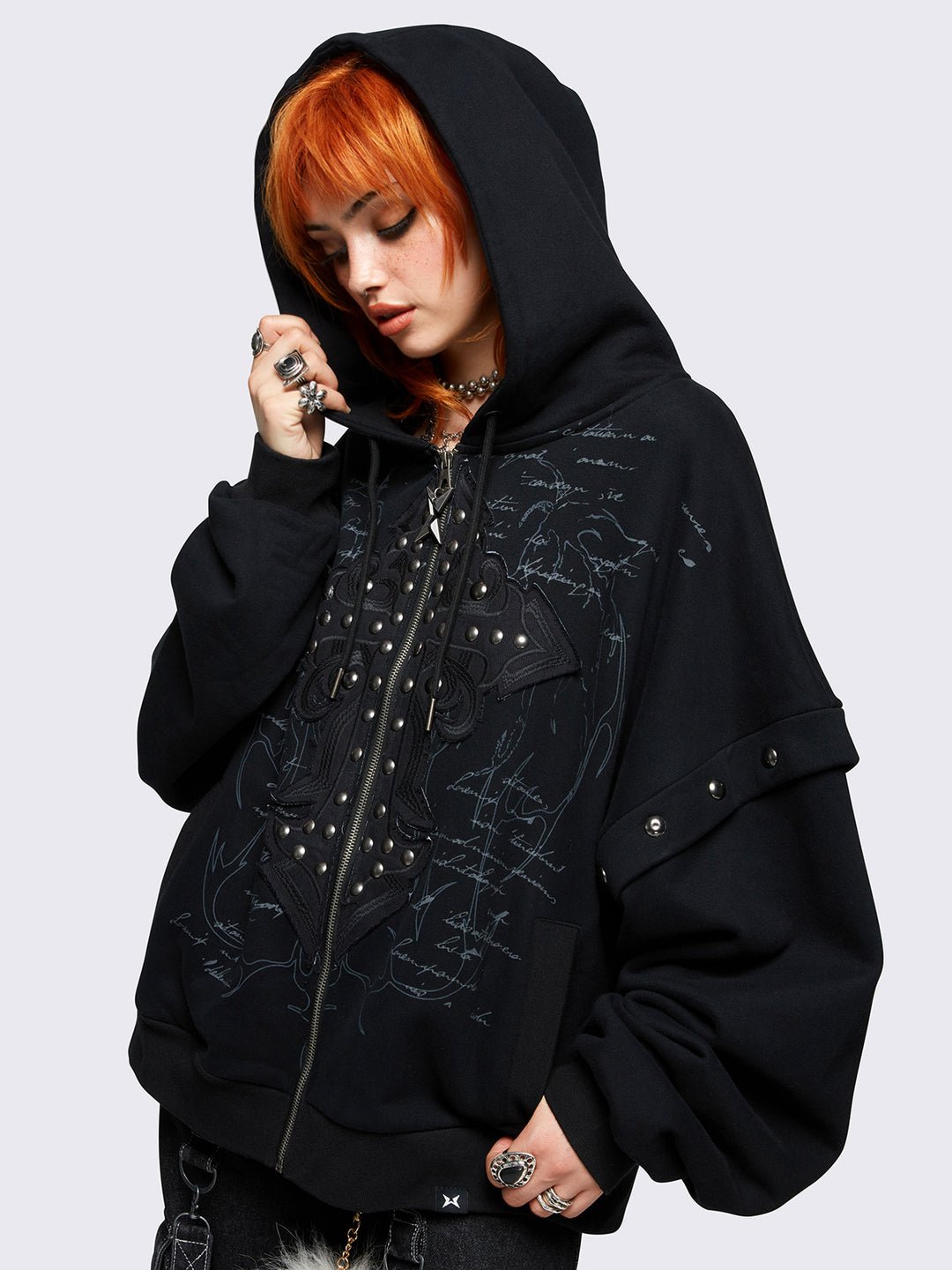 Black Layered Zip Up Hoodie with Graphic & Studded Cross