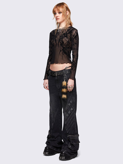 Black mesh top with all over sigilism graphic flock print.