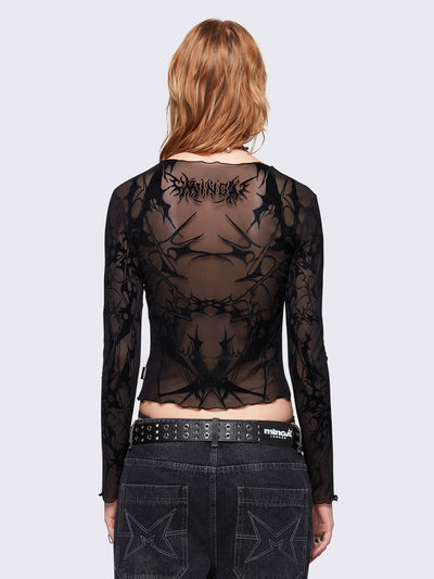 Black mesh top with all over sigilism graphic flock print.