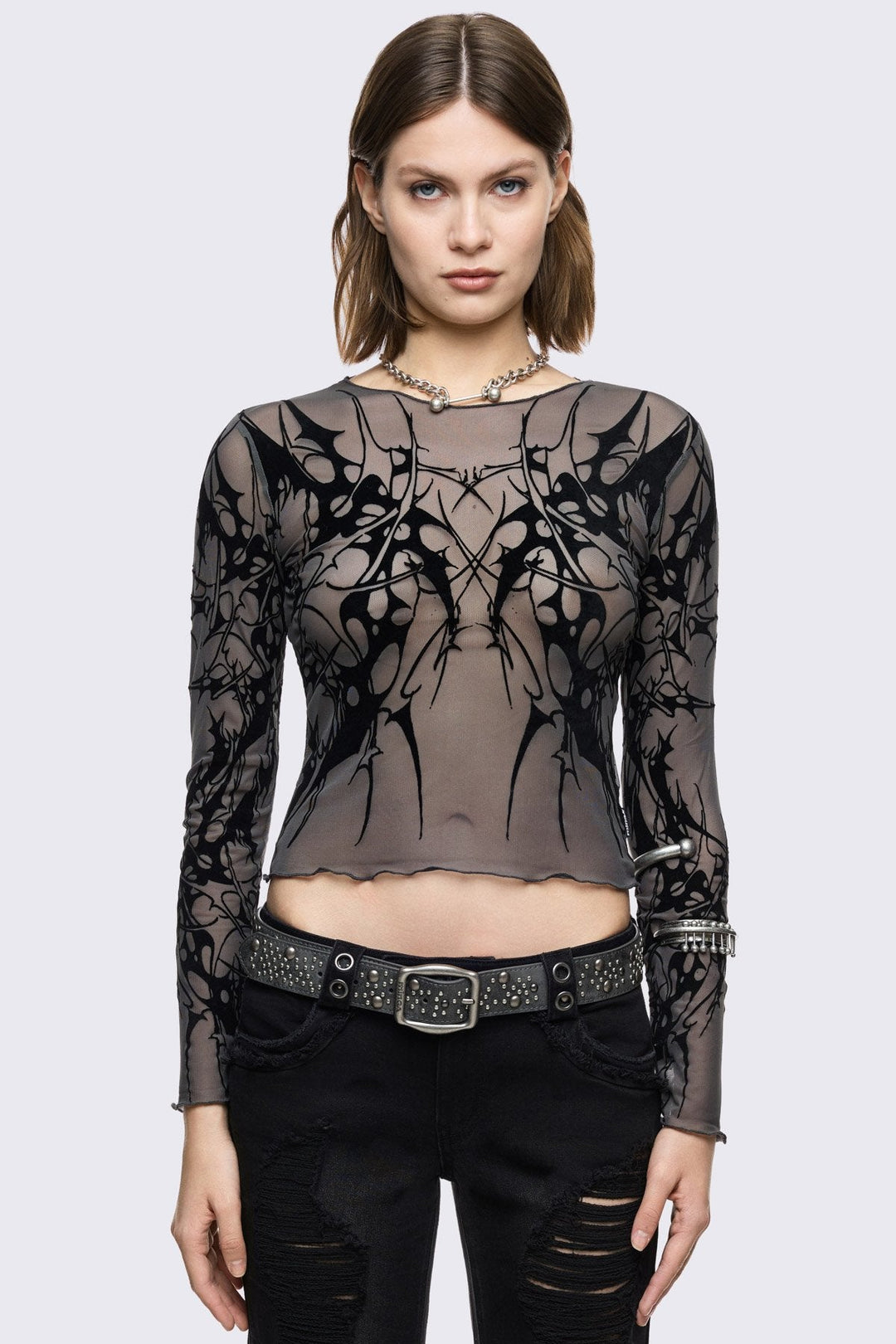 Grey Mesh Top with Cyber Sigilism Graphic | Minga London