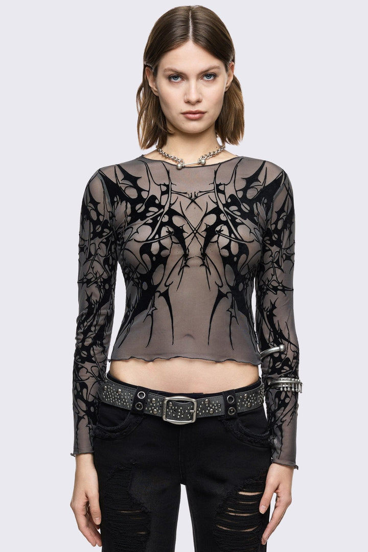 グラフィックメッシュトップス grafic mesh tops Grey Mesh Top with Cyber Sigilism Graphic | Minga London