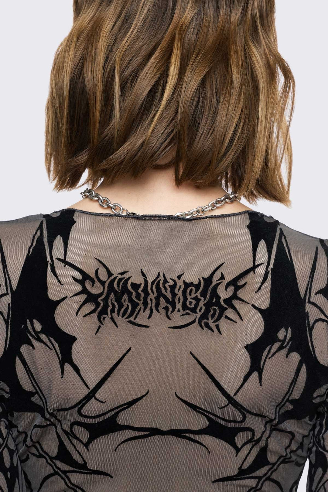 Grey Mesh Top with Cyber Sigilism Graphic | Minga London