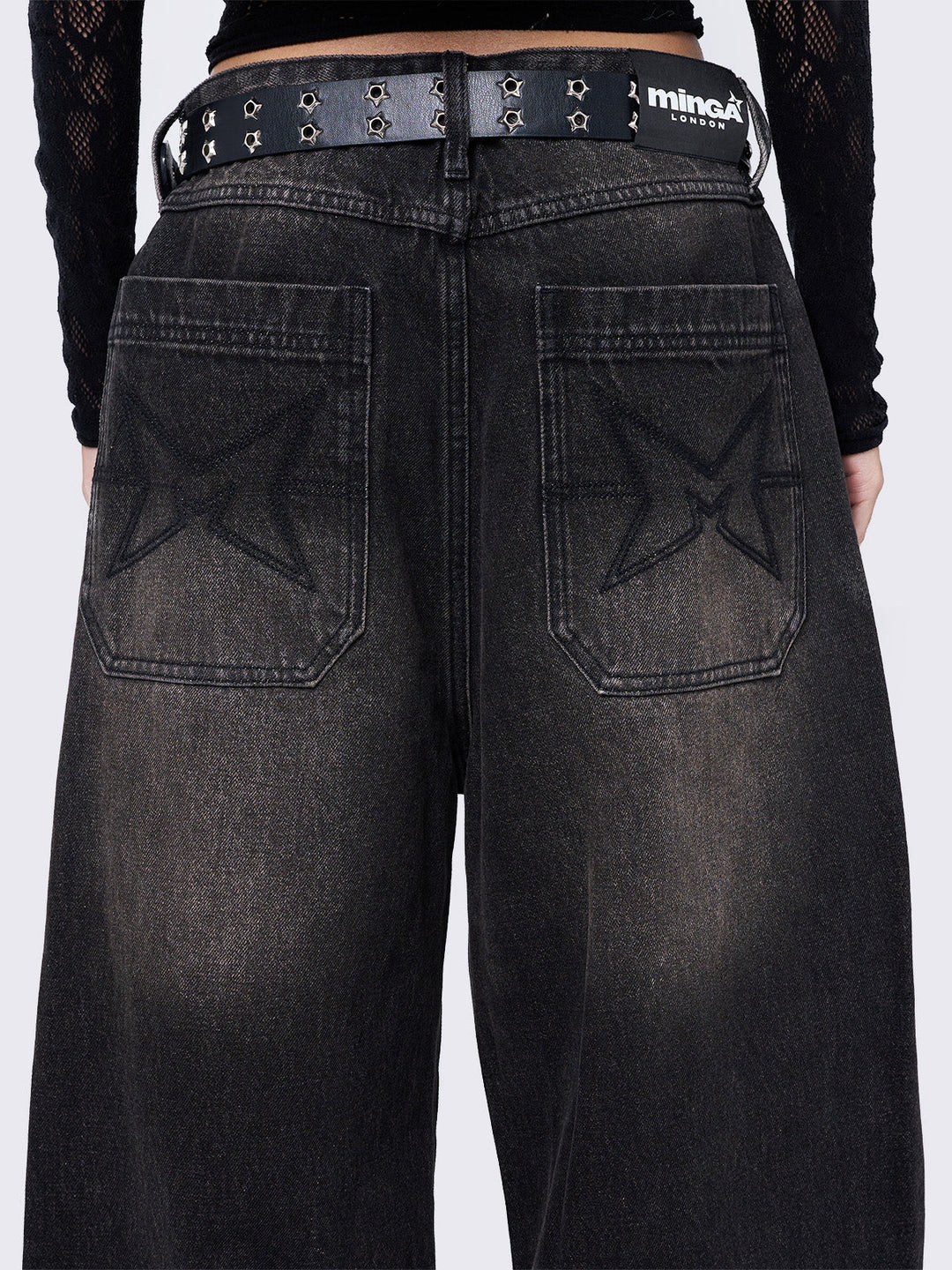 Black Wash Baggy Jeans with Cross Patches | Minga London