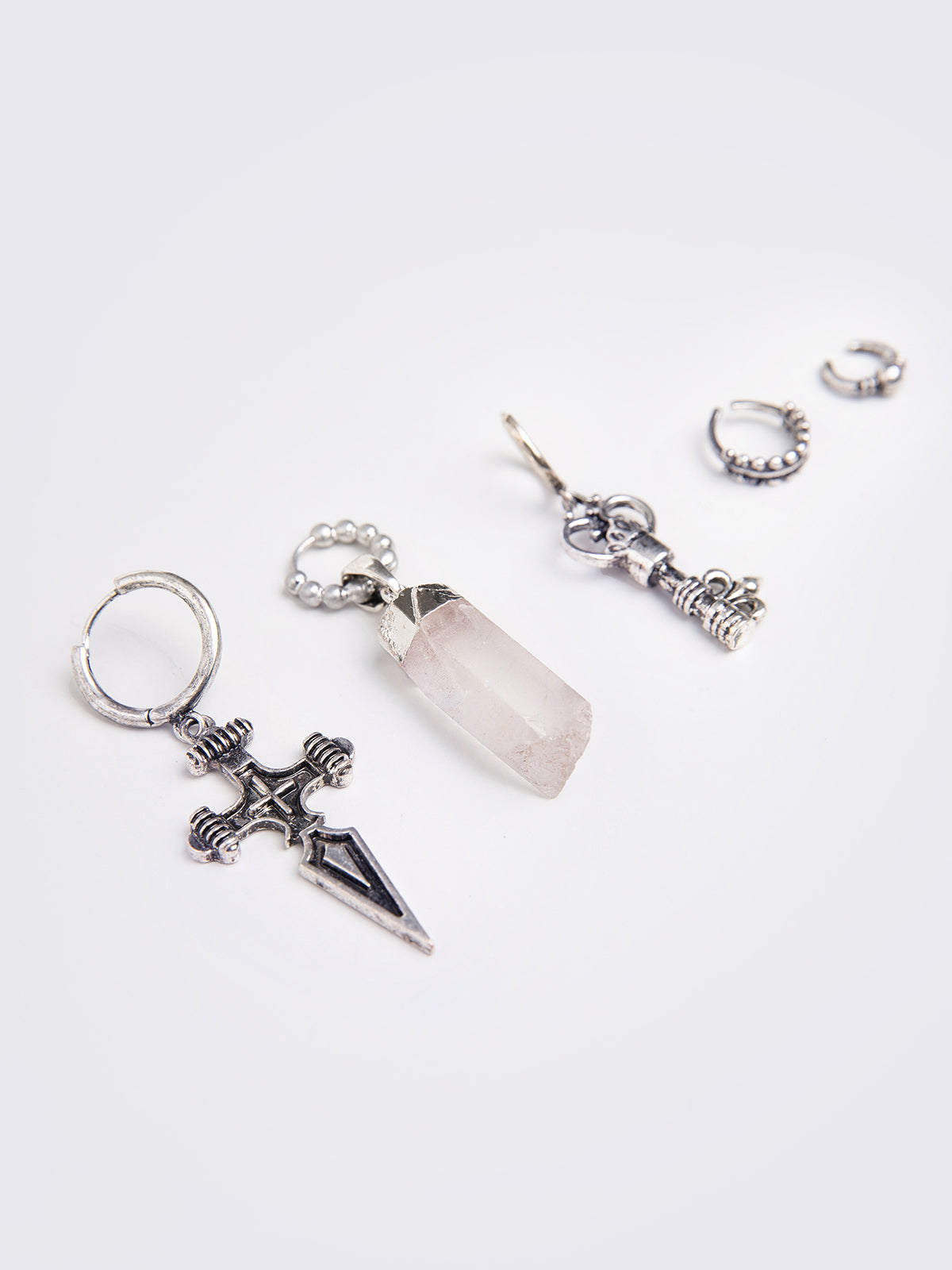 Silver 5pc earring set with cross, crystal stone and key pendant