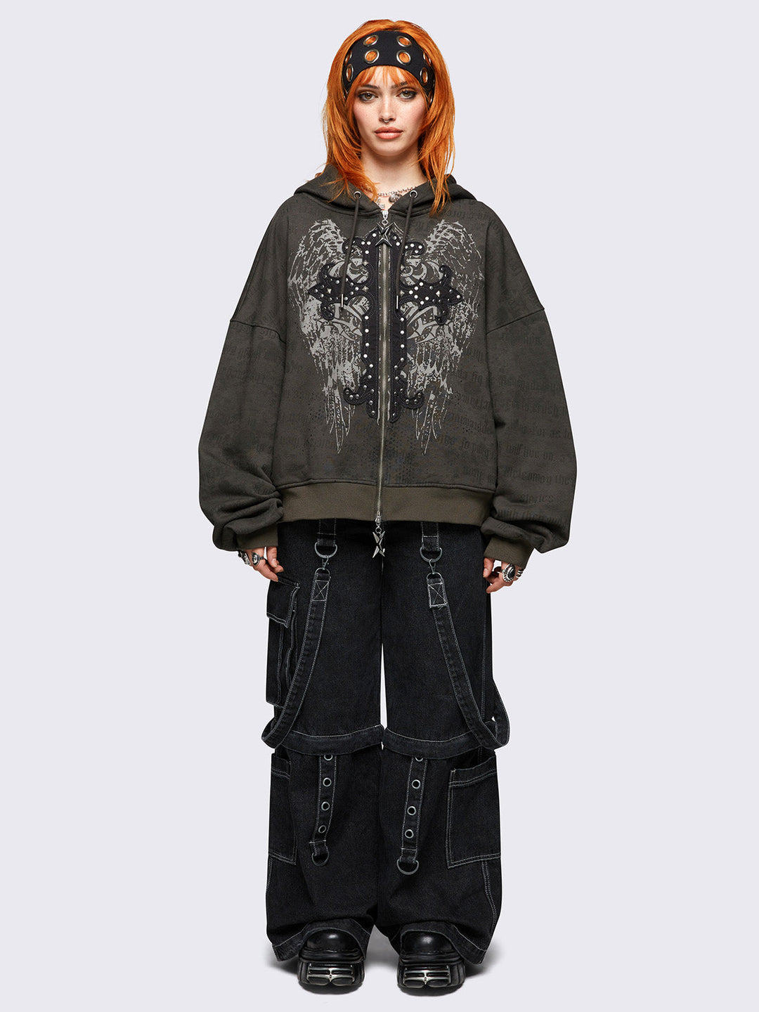 Khaki Graphic Zip-Up Hoodie with Studded Cross Patch | Minga