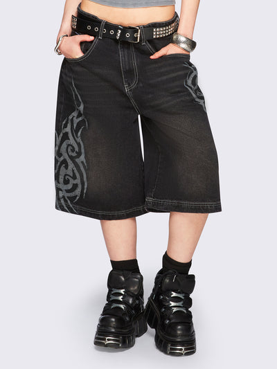 Black washed longline denim jorts with grey sigilism tattoo prints on side and back.