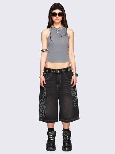 Black washed longline denim jorts with grey sigilism tattoo prints on side and back.
