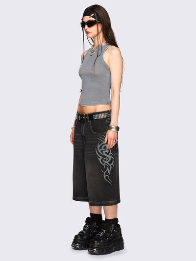 Black washed longline denim jorts with grey sigilism tattoo prints on side and back.
